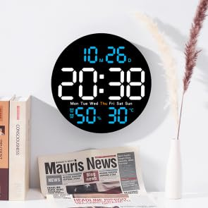 Digitale Wanduhr mit Temperatur & Luftfeuchtigkeit, leise Quarzuhr, Blau