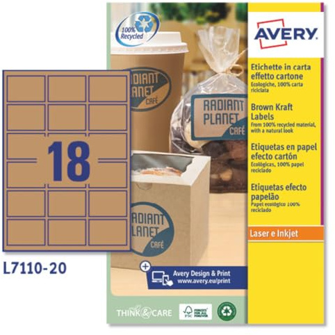 Avery España L7110-20. Caja de 160 etiquetas autoadhesivas kraft multifunción, 62x42mm