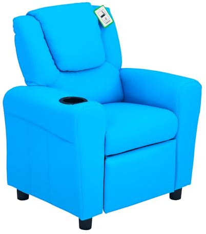 HOMCOM Kids Recliner, PU Leather Kids Armchair, Child Chair, Toddler Armchair with Adjustable Backrest, Footrest, Padded Headrest, Cup Holder, Blue