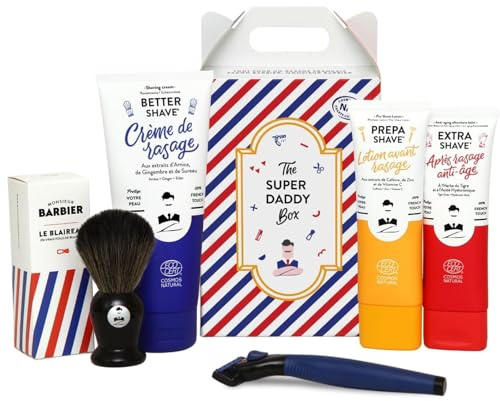Monsieur BARBIER Rasierset SUPER DADDY Herren 5-teilig | Rasierer Le President mit 4 Nachfüllpackungen, Avant-Rasage-Lotion, Rasiercreme, After-Shave-Balsam, Dachshaar-Pinsel.