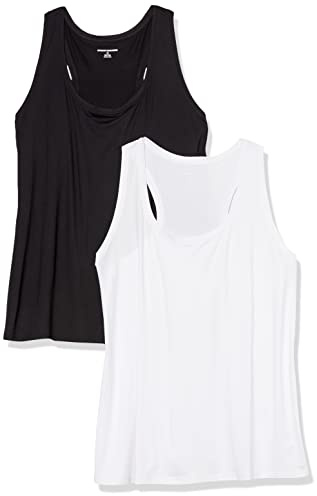 Amazon Essentials Débardeur à Encolure Dégagée et Dos Nageur, Tissu Technique Extensible à Séchage Rapide Femme, Lot de 2, Blanc Vif/Noir, XS