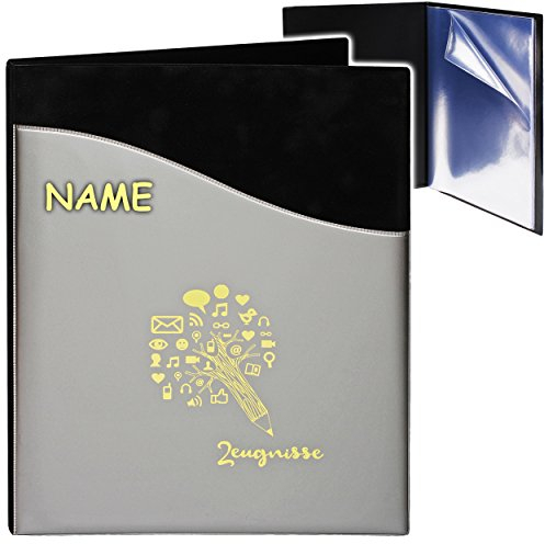 alles-meine.de GmbH A4 - Zeugnismappe/Dokumentenmappe - Zeugnisse Stift & Wissen - 3D Samt Velours & Kunst-Leder Effekt - schwarz/grau - inkl. Name - GEBUNDEN mit 2..