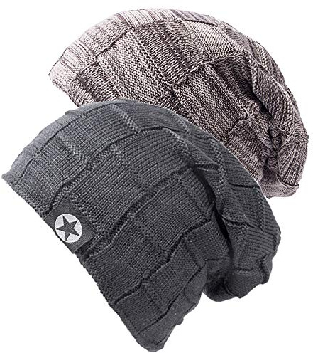 Chalier 2-delad slouch beanie, stickad mössa, vintermössa för män kvinnor, varm med fleecefoder, unisex, en storlek som passar alla, Khaki + grå (B set), En Storlek