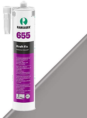RAMSAUER 655 Kraft Fix 1K Hybrid Klebstoff (Grau) - 450g Kartusche, starke Soforthaftung, schnelle Aushärtung, hervorragende Haftung auf Kunststoffen, Metall, Glas, Keramik, Naturstein