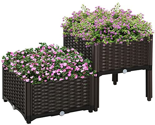 Outsunny Set 2 Pezzi Fioriere da Esterno Autoirriganti Rialzate Letto da Giardino Rialzato per Fiori Effetto Rattan in PP, Marrone