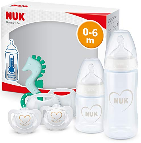 NUK First Choice+ Newborn Baby Bottle Set | 0-6 Months | 2 xTemperature Control Bottles, 2 x Soothers & Teether| Anti-Colic Vent | BPA-Free | Hearts (White) | 5 Count