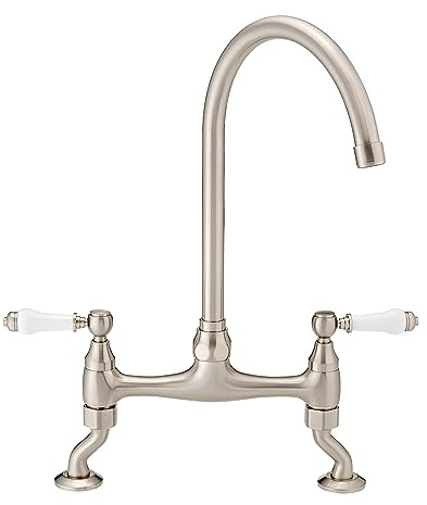 ENKI, Astbury, KT103, Küchenarmatur in Gebürstetem Nickel mit weißen Keramikhebeln, schwenkbarem Schwanenhalsauslauf, Deckmontage, solide Messingkonstruktion, traditionelles Design, 1 Jahr Garantie