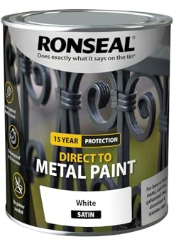 Ronseal | 39199 | Direct to Metal Paint | White Satin | 750ml | | Water-based coating for ferrous substrates with direct-to-rust application, corrosion resistance and 8m²/L coverage.