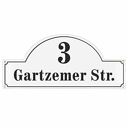 Sosenco Hausnummerschild Hausnummer mit Straßenname - 27x60 cm - Keramik Emaille - Wetterfest - Personalisiert (Weiß)