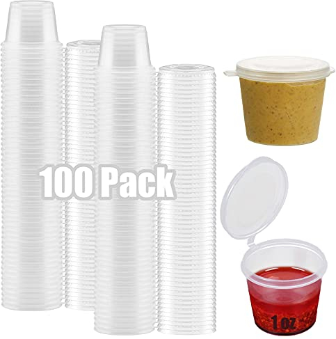 100 contenitori rotondi per alimenti da 28,3 g, con coperchio, riutilizzabili, per gelatine, shot, gastronomia, ristoranti, takeaway, per piccole salse, chutney, ketchup, insalate, 25 ml
