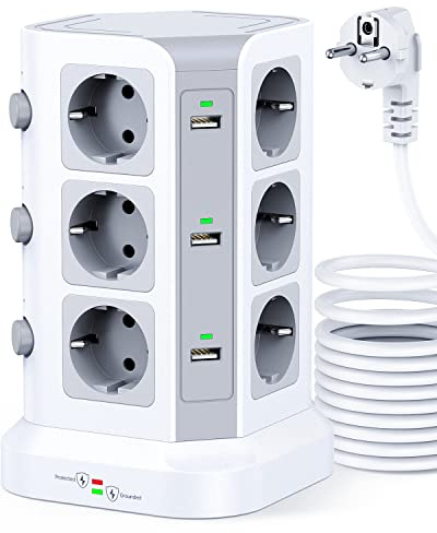 [5M kabel] Torn överspänningsskydd och överspänningsuttag (4000W/16A), KOOSLA Multi eluttag med 6 USB-portar och 12 uttag, 3 strömbrytare, 5 m sladd, vit