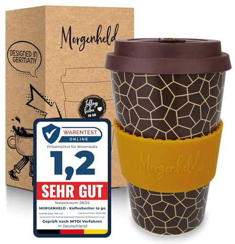 Morgenheld Coffee-to-go Becher Brownie 380ml | Porzellan Kaffeebecher mit Silikondeckel, BPA-frei, nachhaltiger Trinkbecher mit Deckel, plastikfrei verpackt | Perfekt für Kaffee, Tee & unterwegs