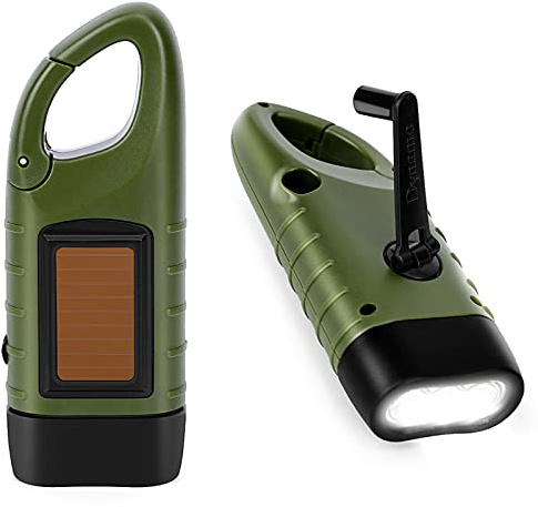 PKKP Solar LED Taschenlampe Kurbel 2 Stück mit Wandern Schnalle, Dynamo Handkurbel Wiederaufladbare für Camping/Outdoor/Klettern/Wandern (Armeegrün)