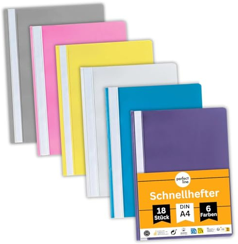 perfect line - 18 Schnellhefter (PP) DIN-A4, 6 Farben, recycelbarer Kunststoff (PP), mit Beschriftungsstreifen, kaufmännischer Heftung