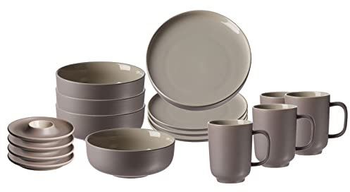 Ritzenhoff & Breker Jasper Frühstücks-Service für 4 Personen, Taupe, Kaffeebecher 285 ml, Müslischale ø 14 cm, Frühstücksteller ø 19 cm, Eierteller ø 12 cm, Soft-Touch-Haptik & farbiger Matt-Glasur
