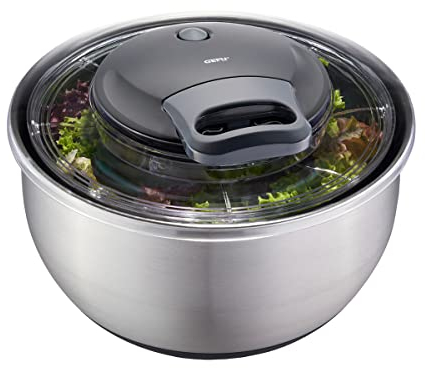 GEFU Salatschleuder PULLIT, Salatschleuder Edelstahl mit einfacher Seilzug-Bedienung und Deckel – große Salatschleuder mit 4,5 l Fassungsvermögen