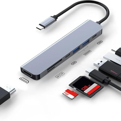 Hub USB C 7 en 1, Hub Tipo - C a HDTV 4k, Puerto USB y Puerto USB - c, Puerto PD 100w, Lector de Tarjetas SD/TF, Compatible con computadoras portátiles USB C y Otros Dispositivos Tipo - C