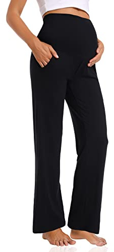 Foucome Pantaloni Premaman Casual Donna a Gamba Larga Larghi Pantaloni Comodi Pantaloni a Palazzo per Gravidanza, Nero, L