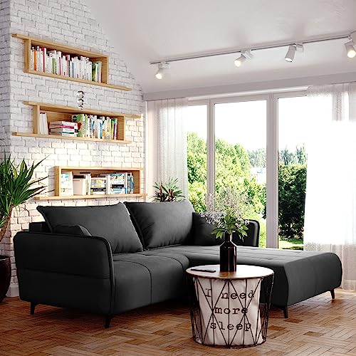 FURNISTAR Sofa Isabell mit Bettkasten Schlafsofa Polstersofa mit Schlaffunktion Klappsofa Couch mit Schwarzen Füßen Sofagarnitur Wohnzimmer Gastzimmer (Sofa L-Form, Grafit)