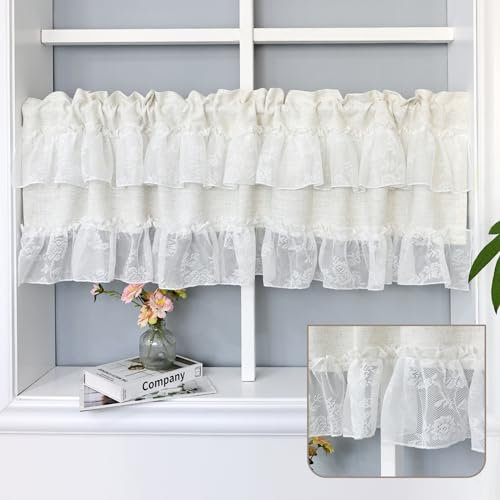 choicehot Weiß Küche Scheibengardinen Häkeln Spitze Bistrogardine mit Garnspitze Kurzgardine, Landhausstil Vintage, Baumwolle und Leinen 50 x 150cm (HxB)