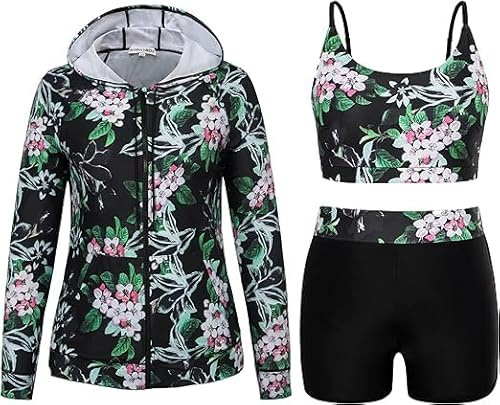 Hanna Nikole Costume da bagno da donna, taglie forti, da spiaggia, a maniche lunghe, tankini, Fiore bianco e nero, 48 Große Größen