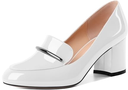Eldof Women's Loafer Heels Round Toe Slip On Chunky Block Heel Pumps for Women Dress Shoes 2.5 Inches Patent White US Size 7