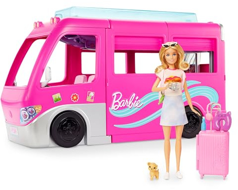 Barbie Super-Abenteuer-Camper Fahrzeug-Spielset + Barbie-Reise-Puppe und Zubehör, 2 Spielzeuge für Kinder ab 3 Jahren