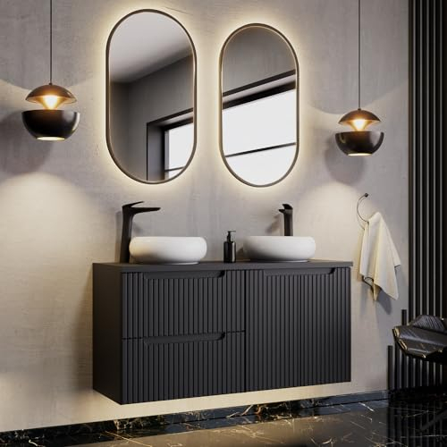 Lomadox Badezimmer Waschplatz Set 3-teilig, 120cm Doppelwaschtisch, schwarz mit gerillter Front | wandhängend | 1 Doppelwaschtisch, 2 LED-Spiegel