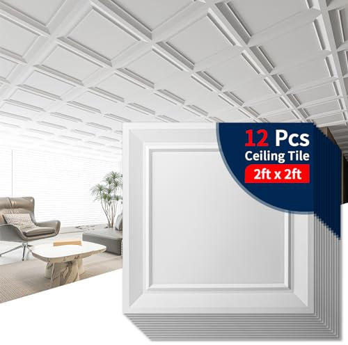 Art3dwallpanels Ceiling Tiles 24 x 24 Drop Ceiling Tiles, 12 Pack Drop in High Grade PVC Wall Panels, Fire Rated, Waterproof, Light Weight, Cover 48 Sq.Ft, White