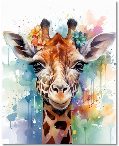 TISHIRON Paint by Numbers Kit - Adult Animals, Giraffe and Flowers Acrylic Watercolor Painting - 16x20 Frameless