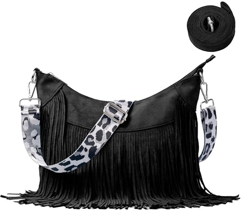 Modacarry Damen-Geldbörse aus Wildlederimitat, Fransen, Hobo-Tasche, Quaste mit doppelten langen Trägern, Schwarz, 10 inches x 14 inches x 3 inches