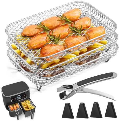 Air Fryer Rack for Ninja Dual Air Fryer 3 Layer Air Fryer Accessories Af300uk Stacking Bacon Racks Rectangular Stainless Steel Dehydrator Rack with 4 Feet 1 Clip for Double Basket Air Fryer Oven