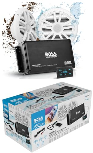 KIT SET FÖR BOSS AUDIO SYSTEMS ASK902B.6 marint kit med 4 kanals bluetooth MC900B förstärkare, par MR6W högtalare 90 watt rms 180 watt max, ett smartphonefodral, 1 kit + tillbehör