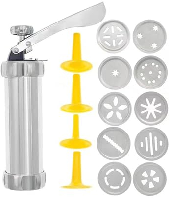 ZGXNYI Seringue à Garnir en Acier Inoxydable Multipurpose Aluminum Cookie Maker Press Kit Manual Churros Maker Machine Cookie Biscuit Press Kit Press Biscuit Tools Set Seringue à GâTeau(10pcs Discs)