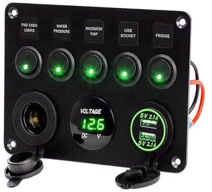MUEOSI Panneau de Commutation de Bateau Marin étanche à 5 Gangs, for Prise USB Double 12 V, disjoncteur 4,2 A, Interrupteur à Bascule, contrôle de Voiture, Bateau, Marine Tableau électrique(Green)