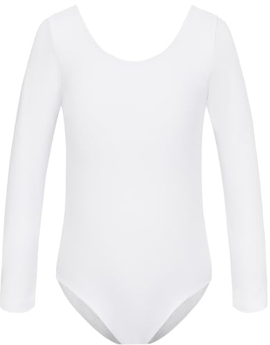 HIPPOSEUS Ragazze Body da Danza con Maniche Lunghe Classico Body Ginnastica Bambina Ballet Leotards,AM0019-Bianco,4-5anni