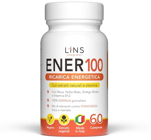 Maca Integratore Energetico Naturale con Yerba Mate, Ginkgo Biloba e Vitamina B12 | Energia e Concentrazione Senza Cali | Vegano Made in Italy | 60 Compresse – LINS Ener100