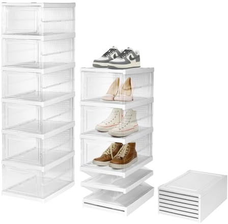 Vinteky Cajas de Zapatos, Grupo de 6 Organizadores de Almacenamiento, Cajas Zapatos Transparente, Caja Zapatero Plástico Plegable y Apilable (Transparente)