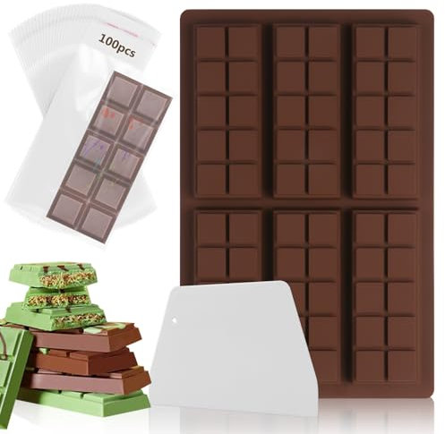 Jadesiegel Stampo per Cioccolato,6 Cavità Stampo per Torrone Silicon,Quadrato Stampi in Silicone per Cioccolato con Raschiatori e 100 Sacchetti per Fatti in Casa Praline