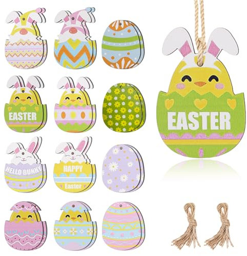WD&CD 24 Piezas de Adornos de Madera de Pascua, Etiquetas de Pascua de Huevos, Conejito, Polluelo, Colgante con Cuerdas de Madera de Pascua, Decoraciones de Pascua