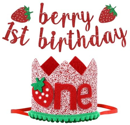 YSJCHEBS 1 Sombrero De Cumpleaños con Corona De 1 Año, 1 Bandera De Cumpleaños, Accesorios De Fotografía para Fiestas, Decoraciones De Fresas Rojas, Decoraciones para Fiestas De Cumpleaños Infantiles
