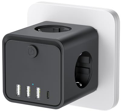 Cubo Enchufe USB 7 en 1, Ladron Enchufes Múltiple Tomas Regletas Enchufes Cubo con 3 AC 16A, 3 USB-A y 1 USB-C 3A, Cubo Enchufe Multiple con Interruptor, para Oficina, Cocina y Habitación (Negro)