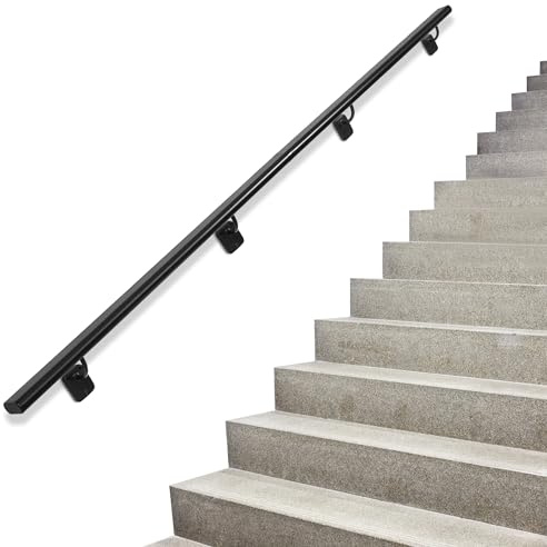 SDNBHT Industrial Stair Handrail Wall-Mounted Hand Rails for Indoor Stairs Black Pipe Stair Railing Indoor Metal Hand Rail for Indoor & Outdoor Steps Aluminum Staircase Handrail for Stairs 8ft
