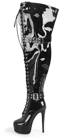 VERISSON Womens Platform High Heel Thigh High Boots Stiletto Heel Wide Calf Over the Knee Boots Round Toe Lace up Zipper with Buckle Patent Leather Dress Punk Shoes Black size 8
