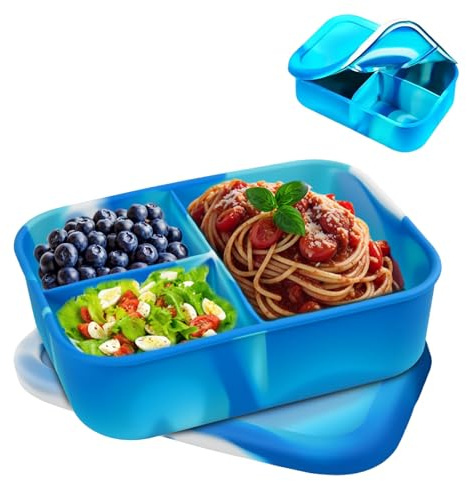 QINGZY Fiambrera de silicona con 3 compartimentos 1200ml, sin BPA, hermética y resistente, apta para microondas y lavavajillas, ideal para escuela, picnic y almuerzo diario (blue)