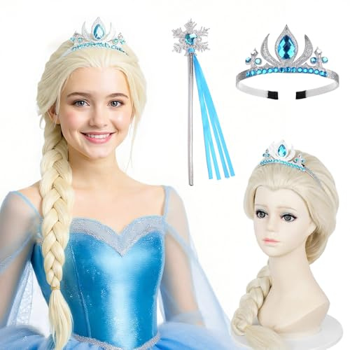 Prinzessin Perücke, Geflochten Prinzessin Perücken, Krone, Zauberstab, Langhaar Perücke Zöpfe, für Geburtstage, Cosplay, Halloween und Karneval