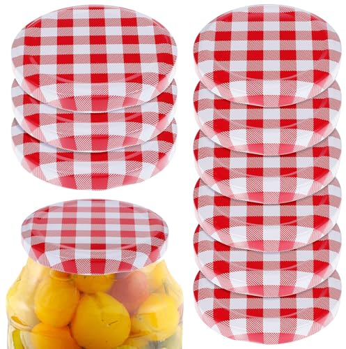 UKCOCO Mason Jar Lids 70mm and 63mm Red Gingham Jar Covers Wide Mouth Canning Lids Drinking Lids and Seals 12 pack for Kitchen Pantry Storage