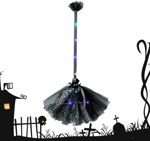 Escoba de Halloween, LED Iluminado Cosplay de Mano - Escoba para Disfraz de de Halloween, para Estudiantes, Mujeres, Adolescentes, Adultos, casa, Cementerio, Sala de Escape