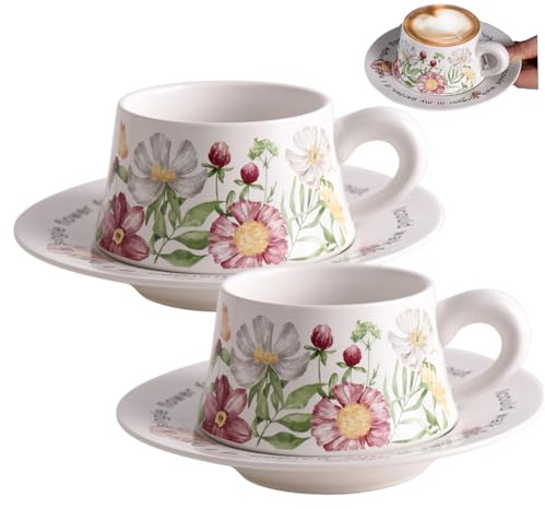 Juego de taza y platillo de cerámica vintage para café café con leche y capuchino. Incluye 2 tazas 2 platillos.