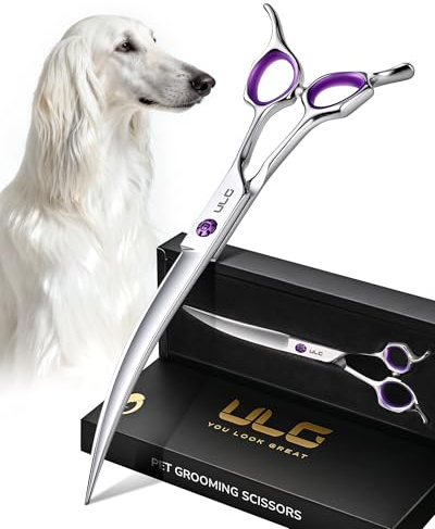 ULG 30° Curved Dog Grooming Scissors 440C Stainless Steel, 7.5 Professional Pet Grooming Shears with Reversible Butterfly Handles, Dog Scissors for Grooming Face, Eyes, Paws & Body